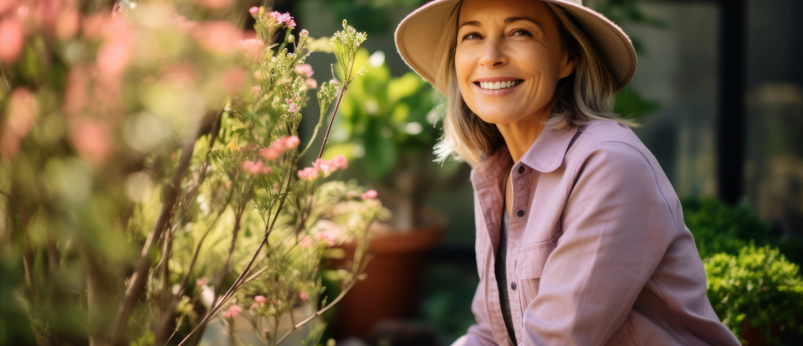 mature woman smiling and gardening