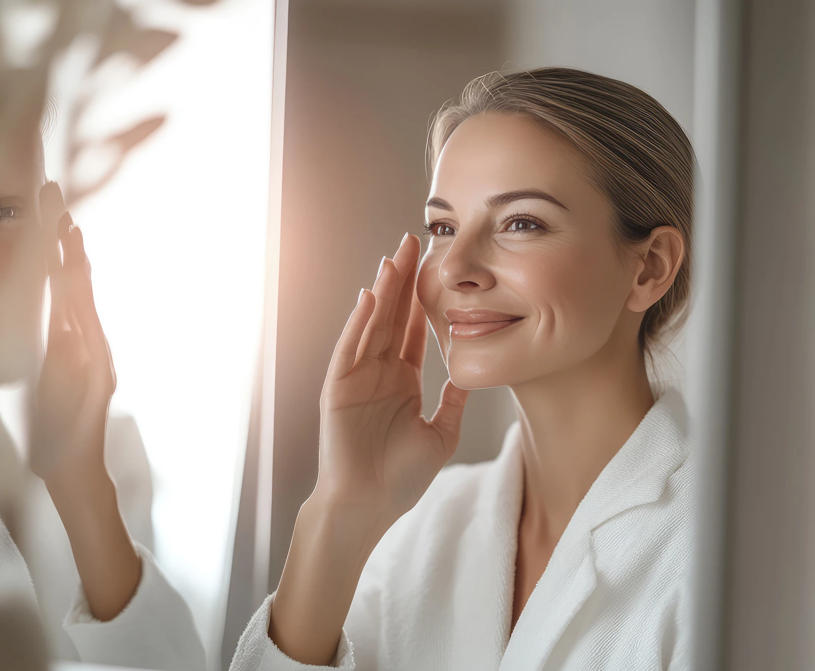 beautiful woman looking at her skin in the mirror