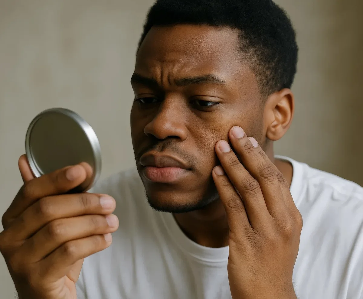 man looking in the mirror at his eczema