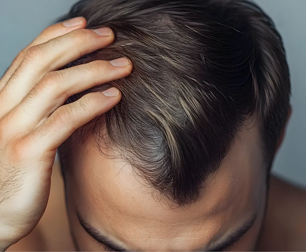man touching healthy hair after undergoing hair restoration treatment