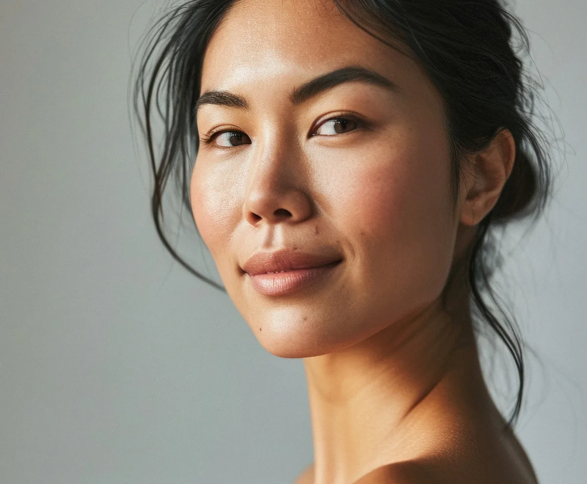 confident woman with plump, glowing skin